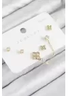 Pirinç Zirkon Taşlı Yonca Model Gold Renk 925 Ayar Gümüş Çivi Kadın Küpe Set