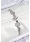 Pirinç Zirkon Taşlı Yonca Model Gümüş Renk Kadın Bileklik