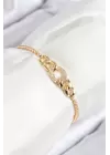 Pirinç Zirkon Taşlı Zincir Model Gold Renk Asansörlü Kadın Bileklik