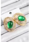 Pirinç Zümrüt Yeşili Zirkon Taşlı Oval Model Gold Renk Kadın Küpe