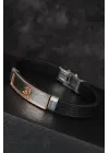 Rose Renk Orak Figürlü Metal Aksesuarlı Siyah Renk Deri Erkek Bileklik