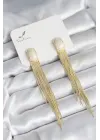Sallantılı Beyaz Mineli Gold Renk Kadın Küpe