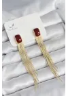Sallantılı Bordo Mineli Gold Renk Kadın Küpe