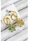 VIP Pirinç Zirkon Taşlı Çiçek Model Gold Renk Kadın Küpe