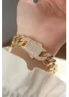 Vip Seri Pirinç Ortası Zirkon Taşlı Gold Renk Gurmet Bileklik