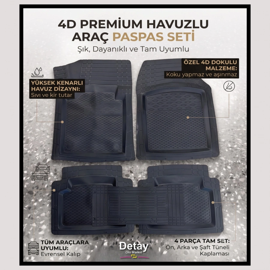 4D Havuz Paspas 5 Parça (Siyah)
