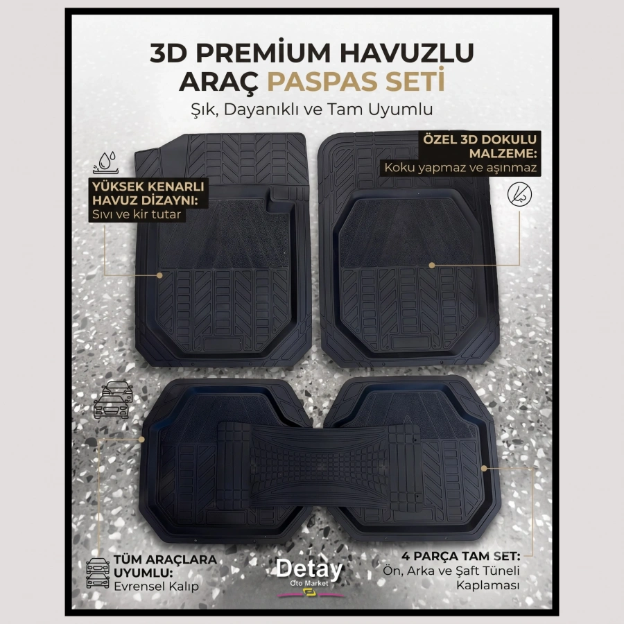 3D Havuzlu Paspas 5 Parça (Siyah)