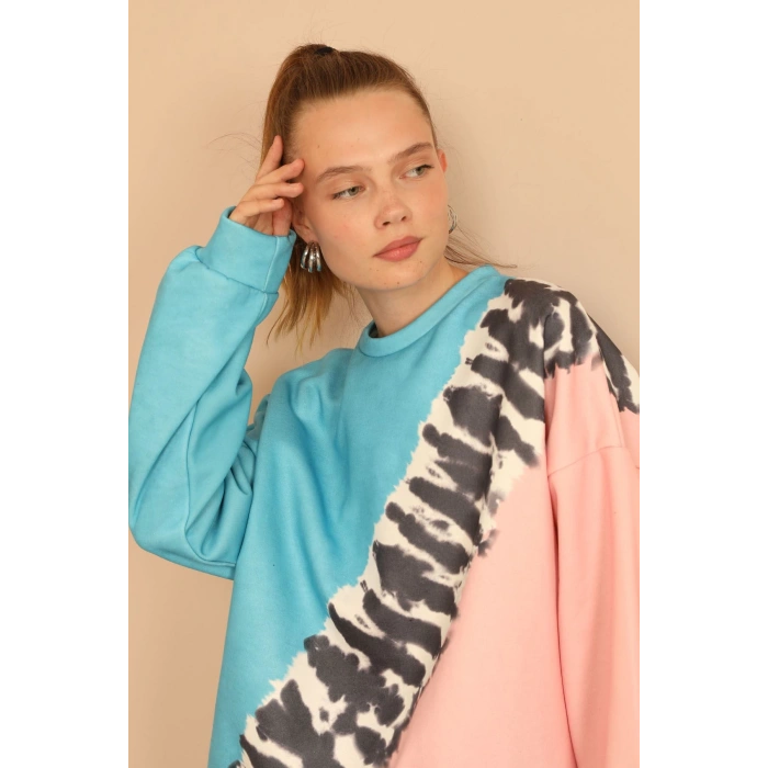 3 İplik Kumaş Uzun Kol Oversize/Salaş Zebra Desen Kadın Takım-Mavi