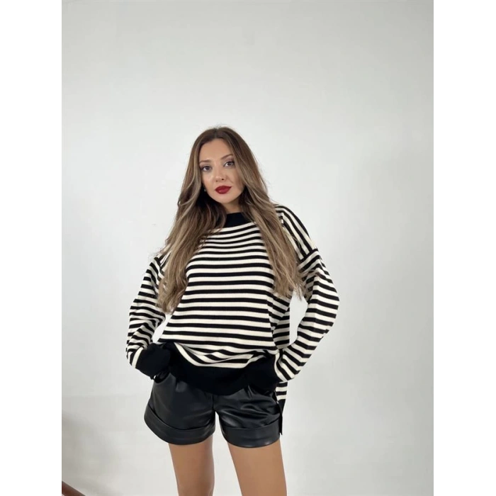 3344 ÇİZGİLİ SALAŞ KAZAK-SİYAH-KREM