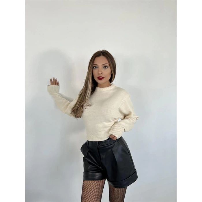 3914 TRİKO GENİŞ KOL CROP KAZAK-KREM