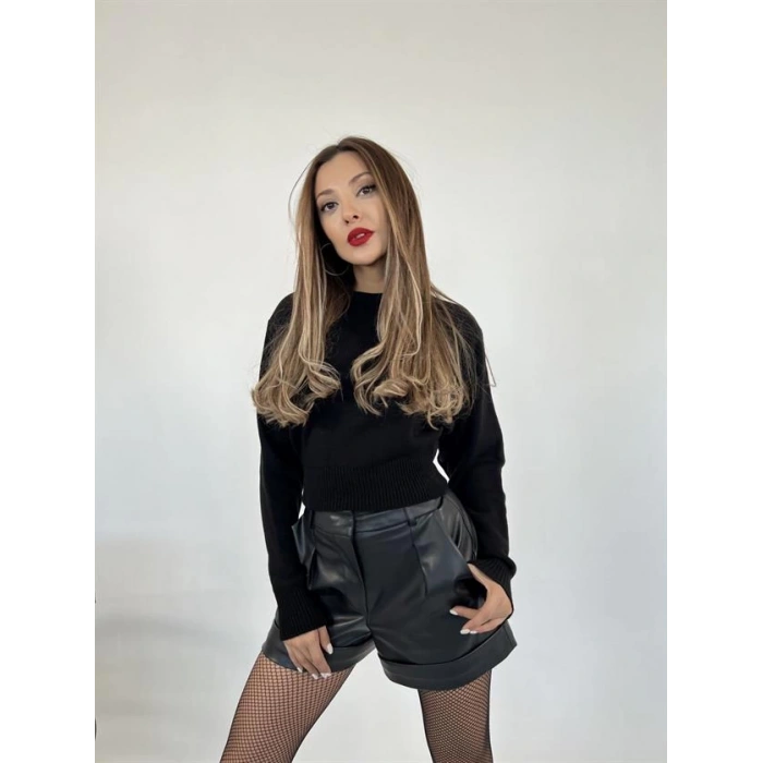 3914 TRİKO GENİŞ KOL CROP KAZAK-SİYAH