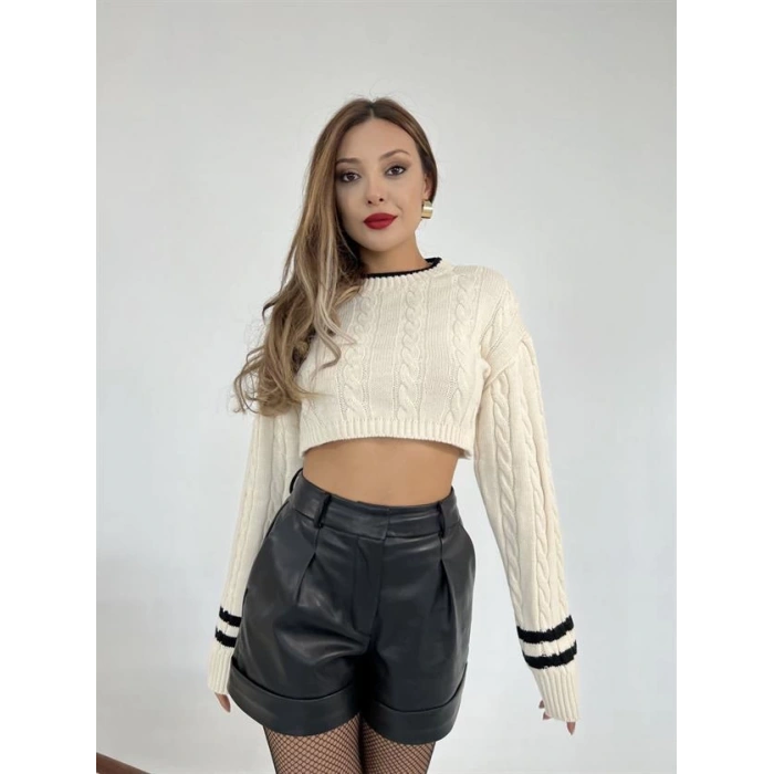 3925 TRİKO SAÇ ÖRGÜ CROP KAZAK-KREM-SİYAH