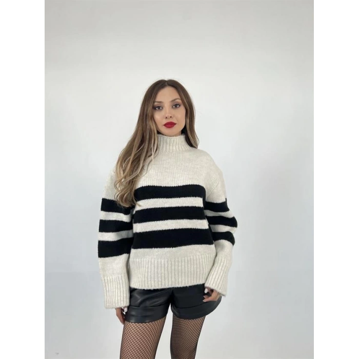 3941 ÇİZGİLİ ŞARDON KAZAK-KREM-SİYAH
