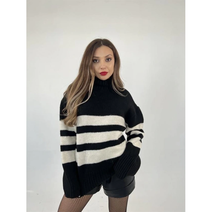 3941 ÇİZGİLİ ŞARDON KAZAK-SİYAH-KREM