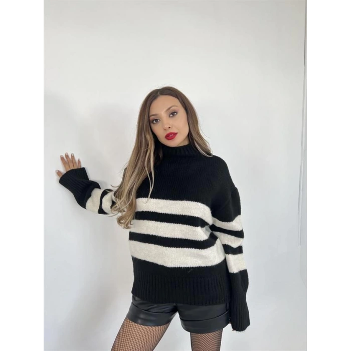 3941 ÇİZGİLİ ŞARDON KAZAK-SİYAH-KREM