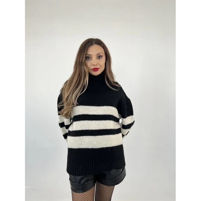 3941 ÇİZGİLİ ŞARDON KAZAK-SİYAH-KREM