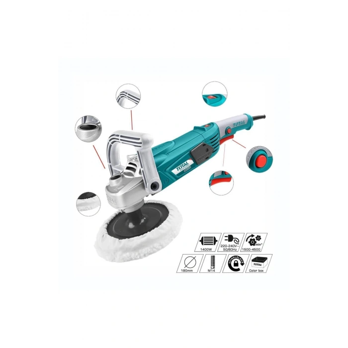 Total TP1141806 Polisaj Makinesi Elektrikli Kablolu 180 mm 1400 W Far Parlatma Pasta Cila Kaporta