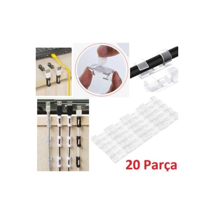 20li Yapışkanlı Kablo Sabitleyici Şeffaf Klips