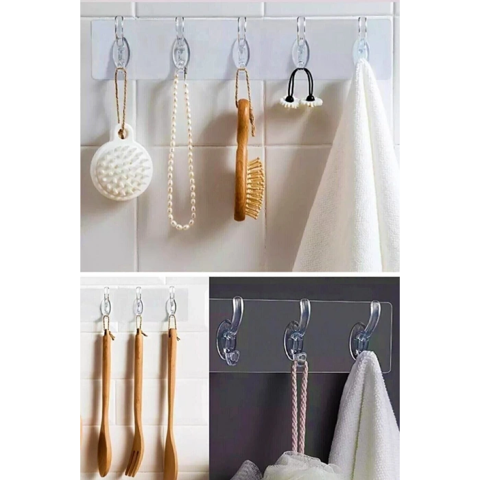 Kendinden Yapışkanlı Güçlü Şeffaf Askılık | Şeffaf Yapışkanlı Sihirli Askı 5 Adet Kancalı