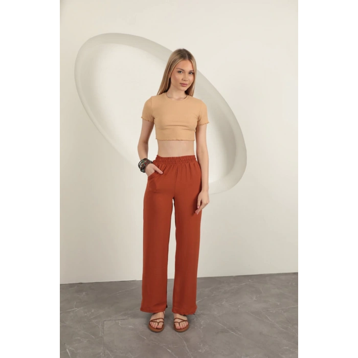 Aerobin Kumaş Bol Paça Kadın Pantolon-Kiremit