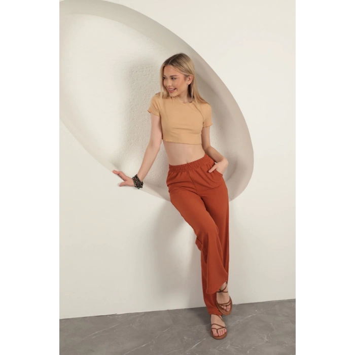 Aerobin Kumaş Bol Paça Kadın Pantolon-Kiremit