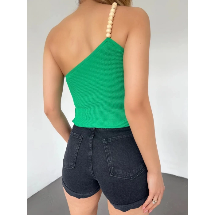 Ahşap Boncuk Detaylı Askılı Triko Bluz Yeşil - DF2303