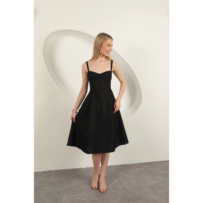 Askılı Midi Elbise-Siyah