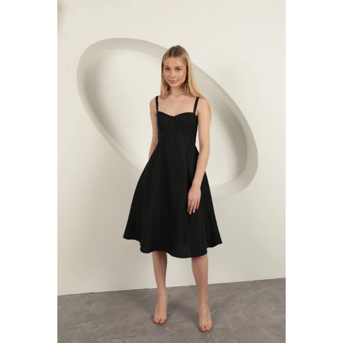 Askılı Midi Elbise-Siyah