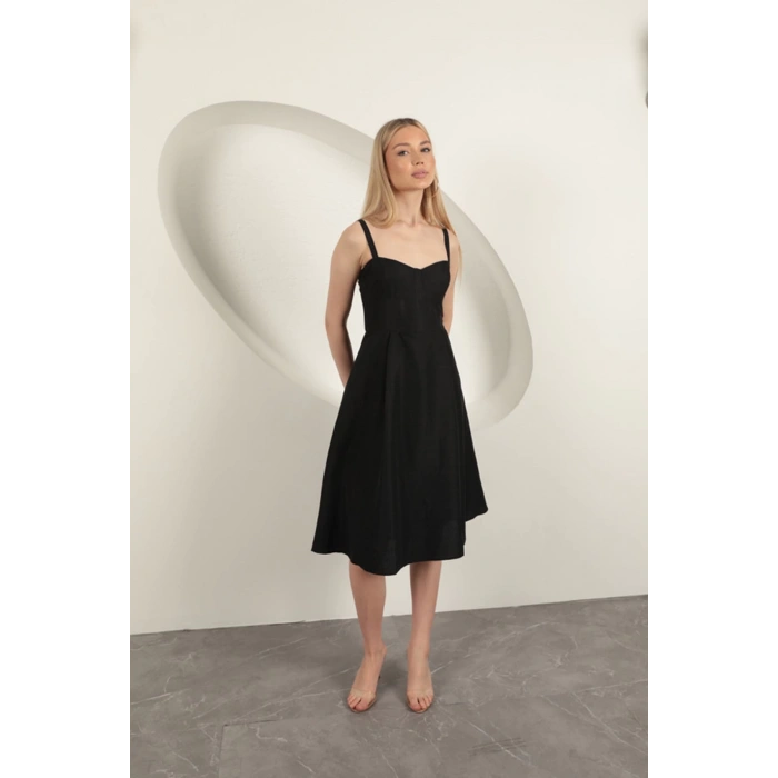 Askılı Midi Elbise-Siyah