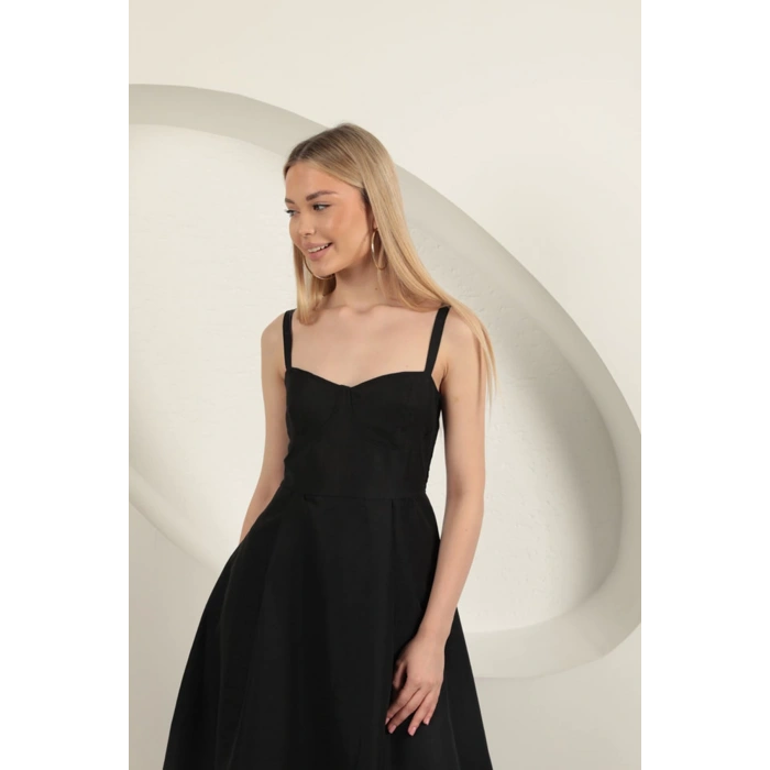 Askılı Midi Elbise-Siyah