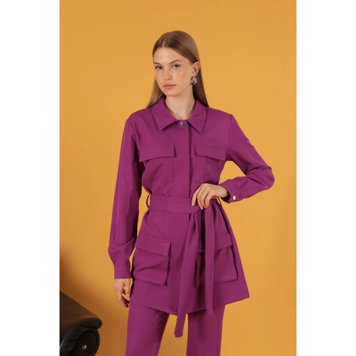 Atlas Kumaş Cep Espirili Kadın Ceket-Mürdüm