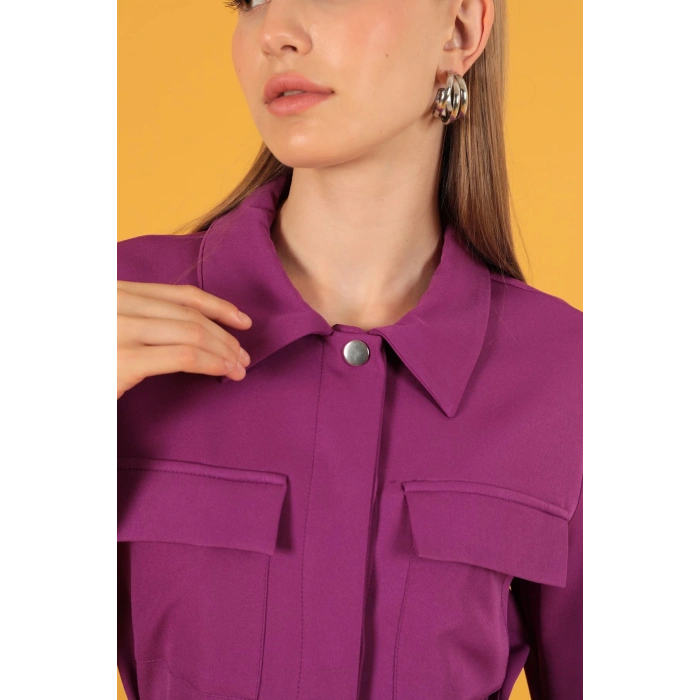 Atlas Kumaş Cep Espirili Kadın Ceket-Mürdüm