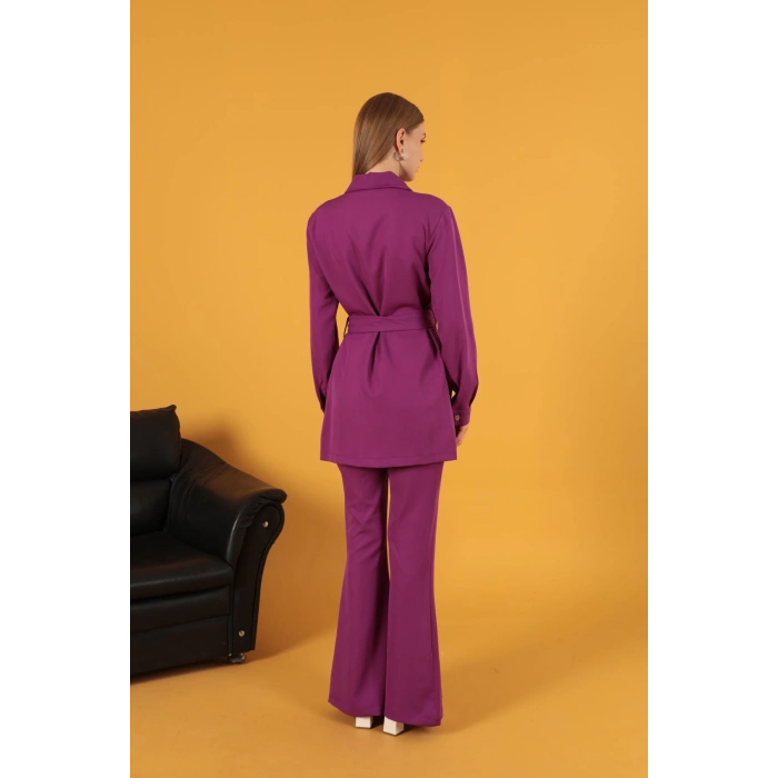 Atlas Kumaş Cep Espirili Kadın Ceket-Mürdüm