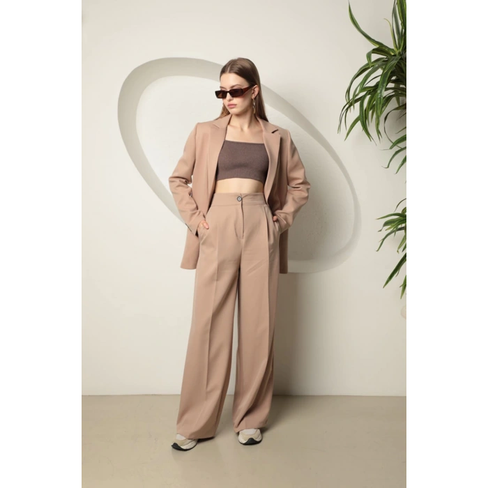 Atlas Kumaş Kadın Oversize Ceket-Bej