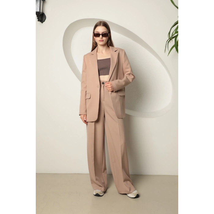 Atlas Kumaş Kadın Oversize Ceket-Bej