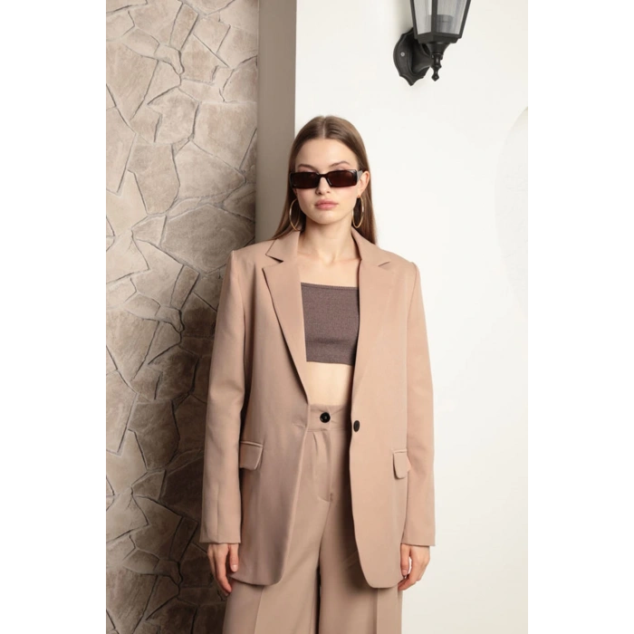 Atlas Kumaş Kadın Oversize Ceket-Bej