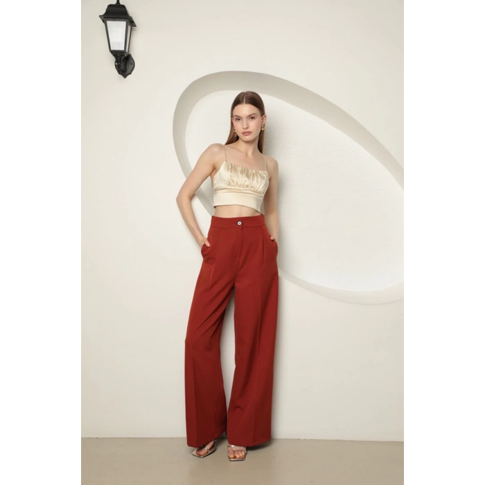 Atlas Kumaş Kadın Palazzo Pantolon-Kiremit
