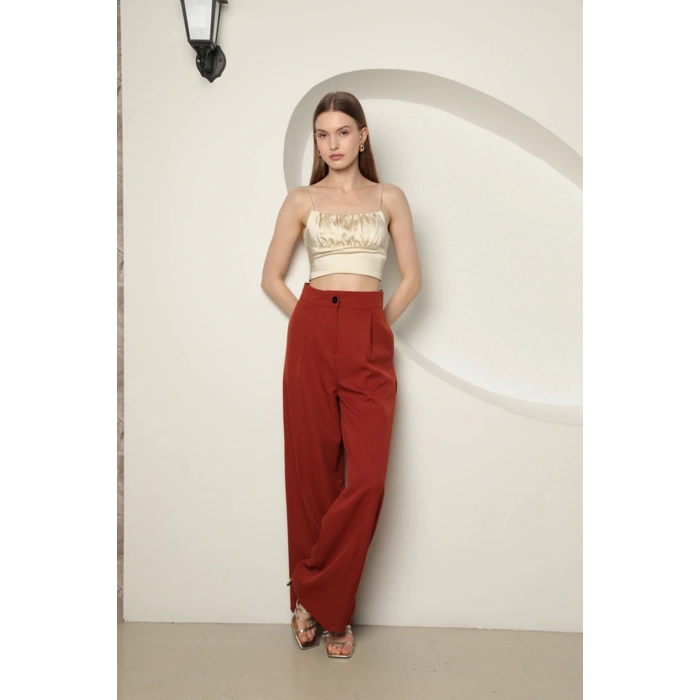 Atlas Kumaş Kadın Palazzo Pantolon-Kiremit