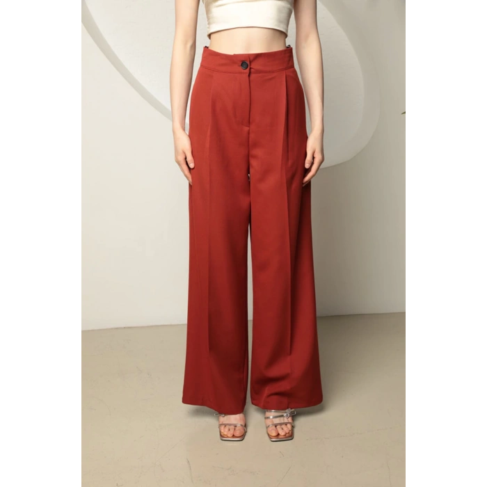 Atlas Kumaş Kadın Palazzo Pantolon-Kiremit