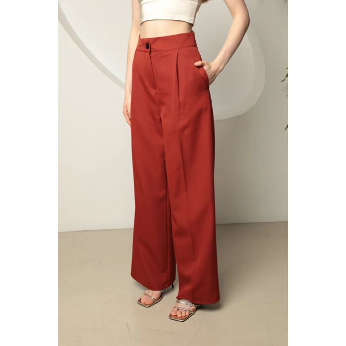 Atlas Kumaş Kadın Palazzo Pantolon-Kiremit