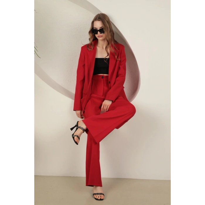 Atlas Kumaş Kadın Palazzo Pantolon-Kırmızı