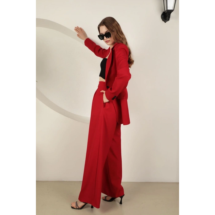 Atlas Kumaş Kadın Palazzo Pantolon-Kırmızı