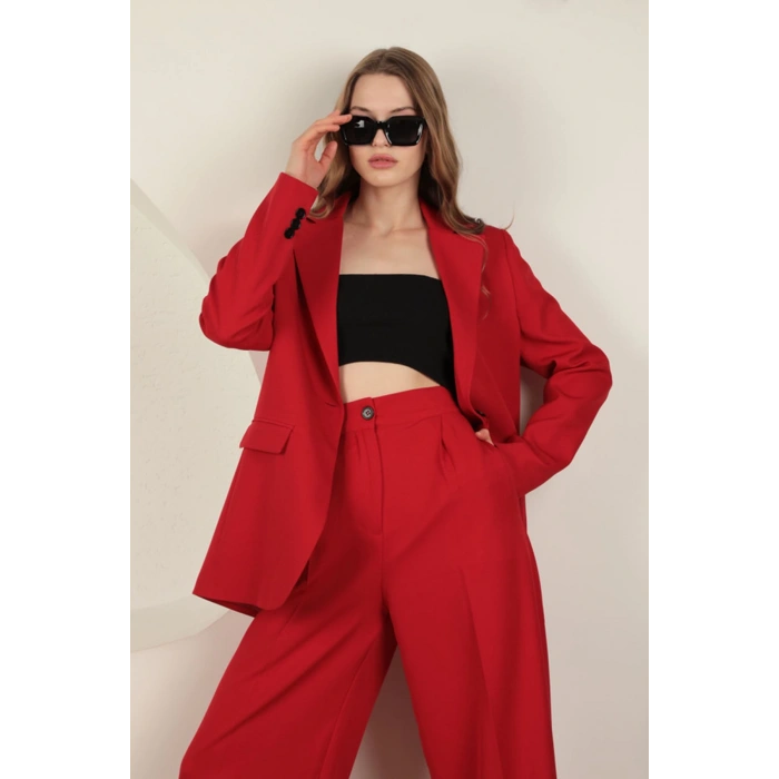 Atlas Kumaş Kadın Palazzo Pantolon-Kırmızı