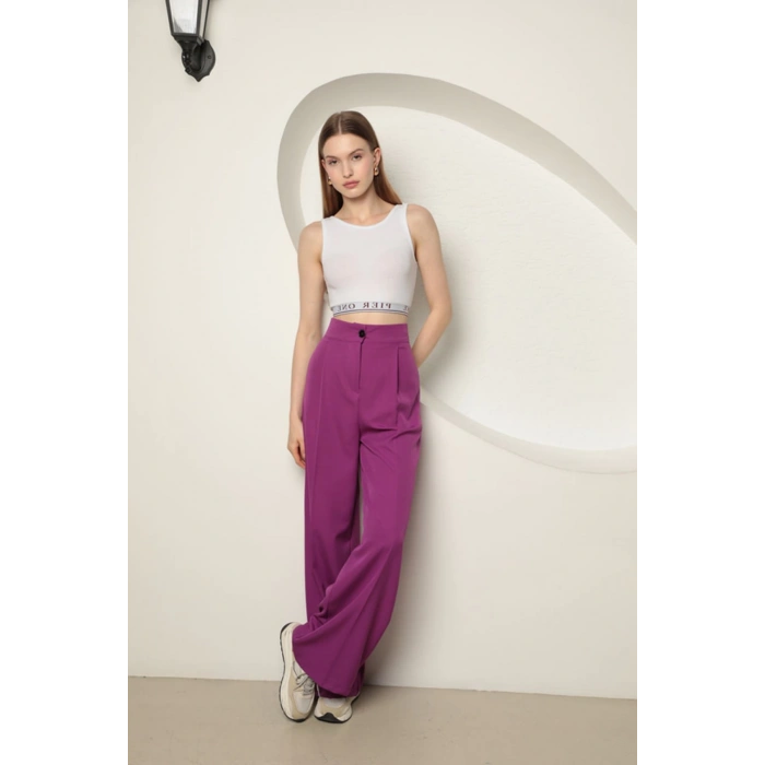 Atlas Kumaş Kadın Palazzo Pantolon-Mor