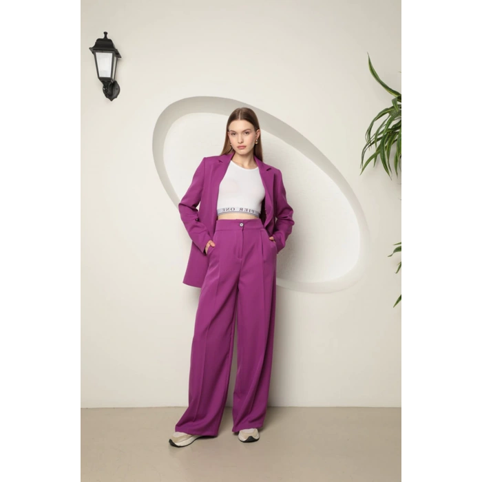 Atlas Kumaş Kadın Palazzo Pantolon-Mor