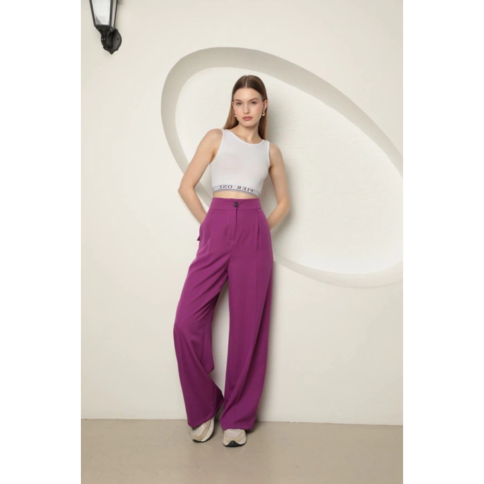 Atlas Kumaş Kadın Palazzo Pantolon-Mor