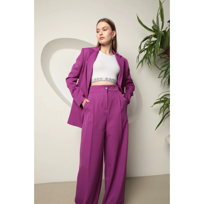 Atlas Kumaş Kadın Palazzo Pantolon-Mor