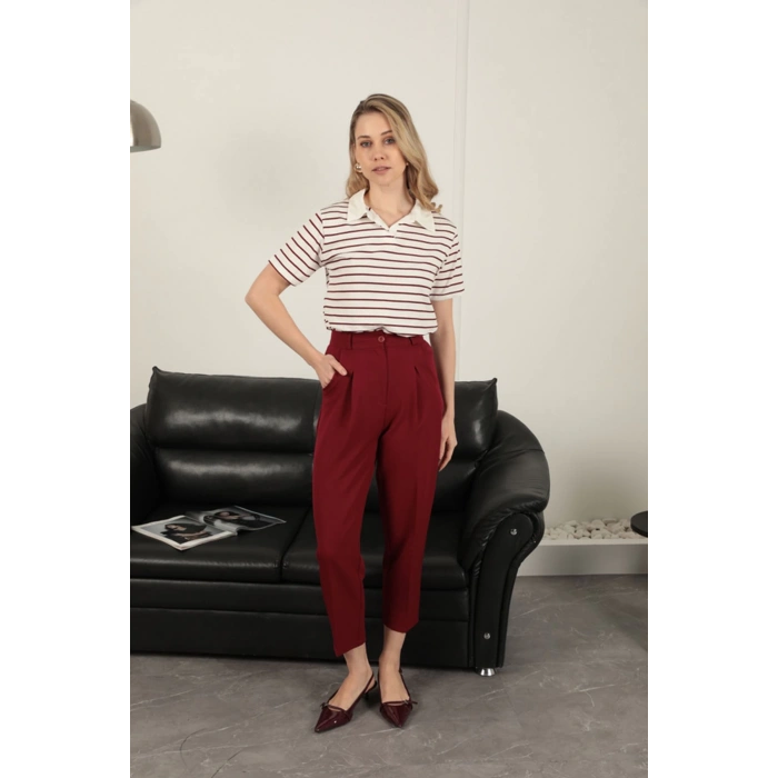 Atlas Kumaş Kemerli Havuç Pantolon-Bordo