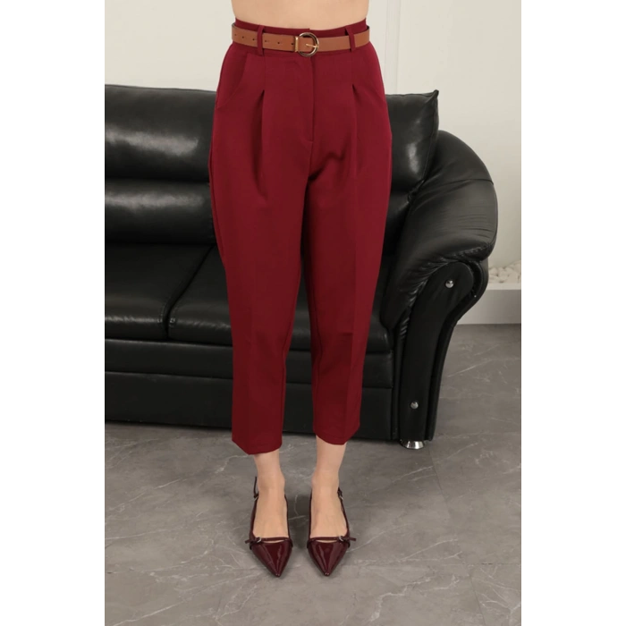Atlas Kumaş Kemerli Havuç Pantolon-Bordo