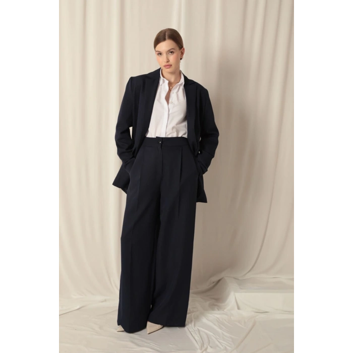 Atlas Kumaş Palazzo Kadın Mavi Pantolon